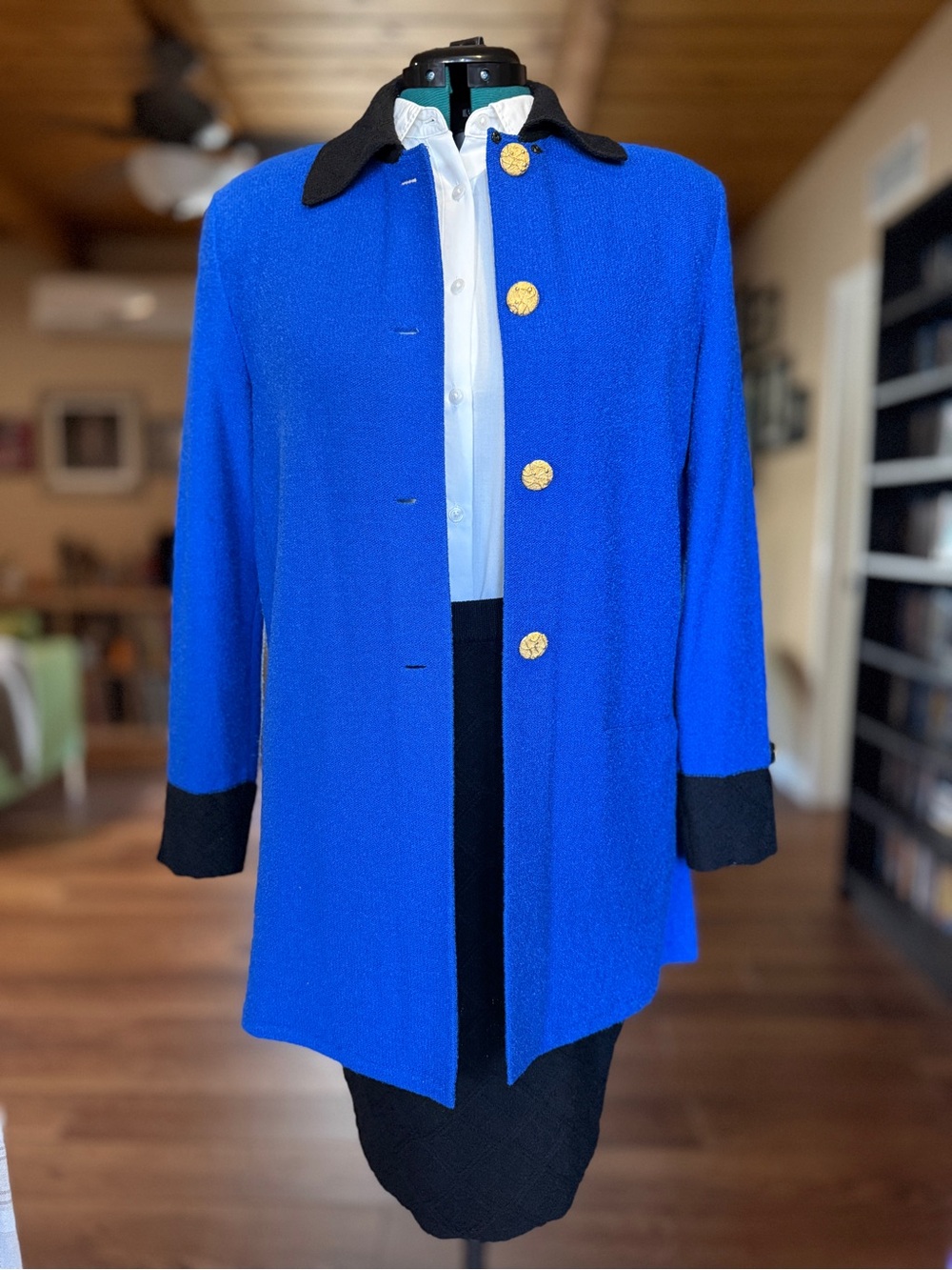Steve Fabrikant Suit Blue Blazer, Gold Button, knit skirt, As-Is/For Parts Sz S